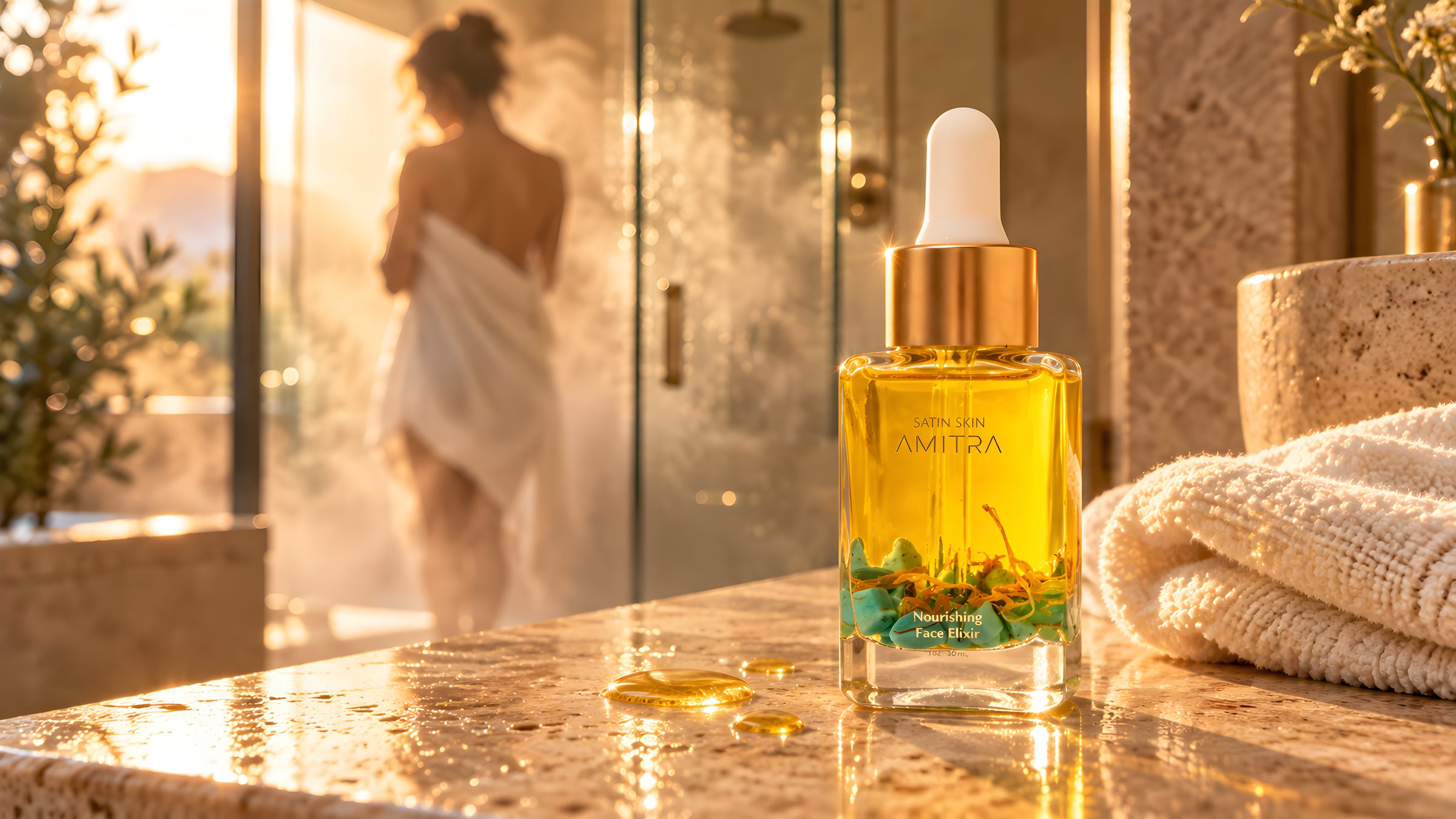 Amitra Satin Skin face oil on a stone bathroom vanity in warm golden light, with a woman wrapped in a towel beside a steamy shower in the background