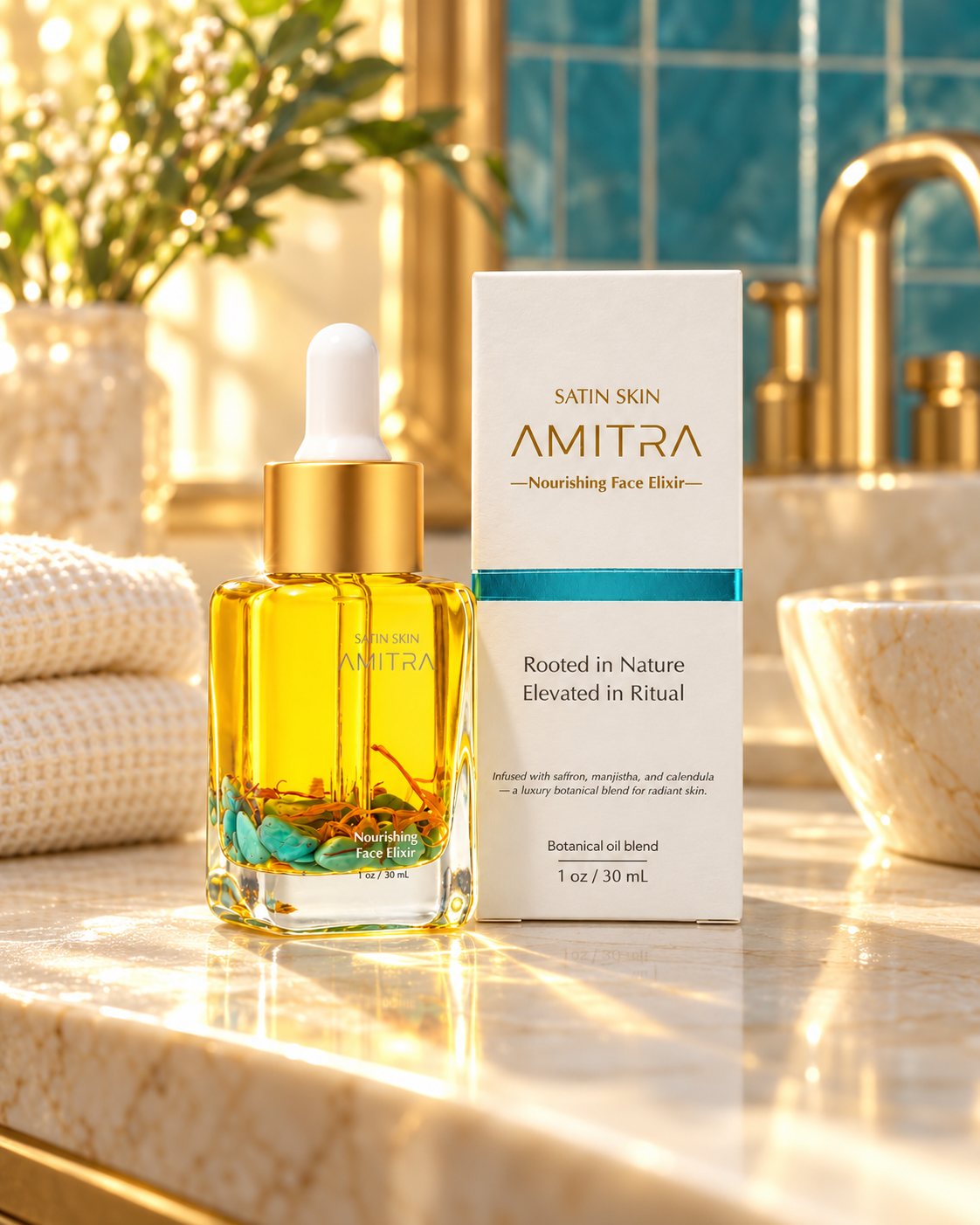 Amitra Satin Skin face oil and its ivory box on a sunlit marble vanity with a gold faucet, turquoise tiles and folded towels