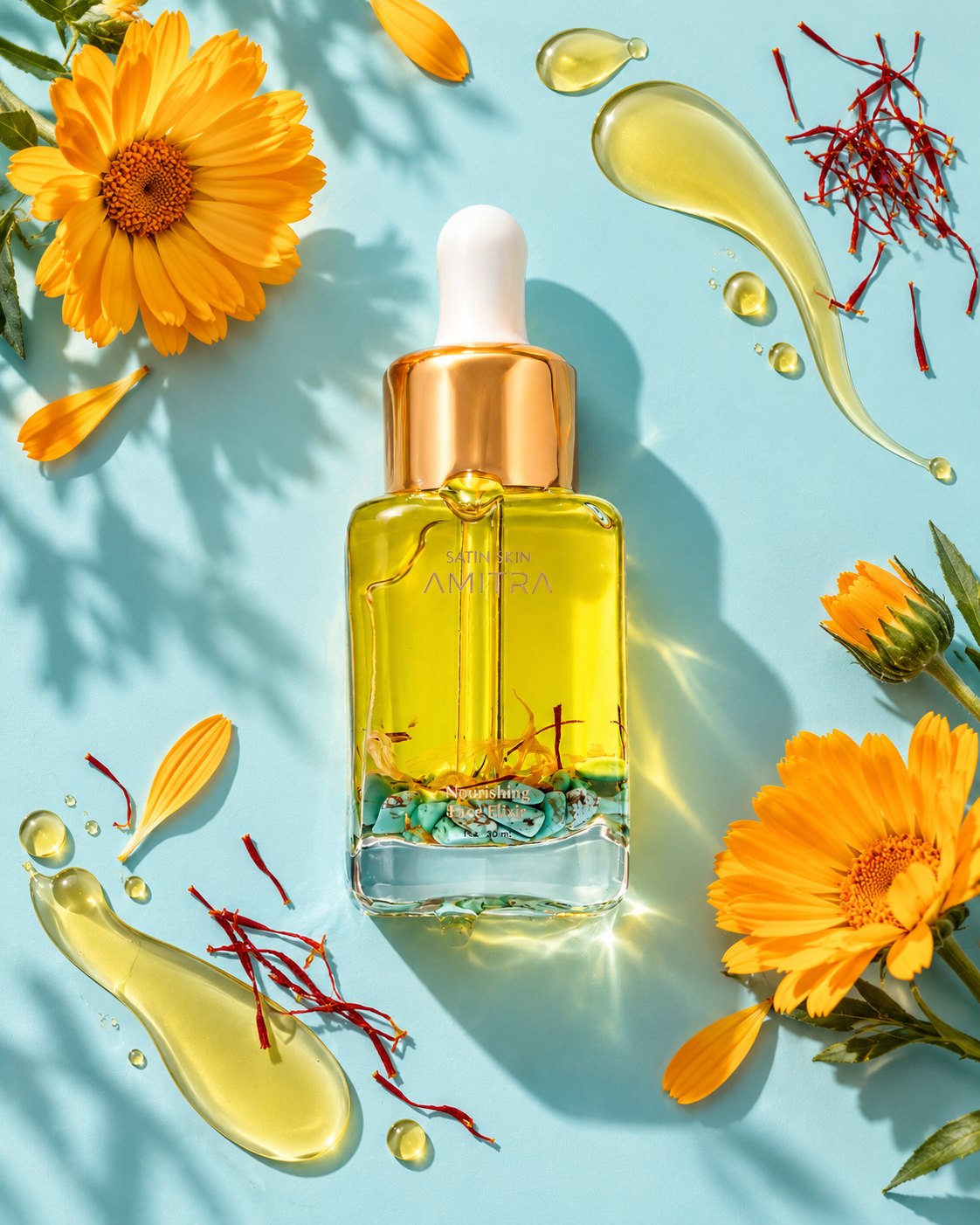 Amitra Satin Skin face oil surrounded by calendula petals and saffron threads
