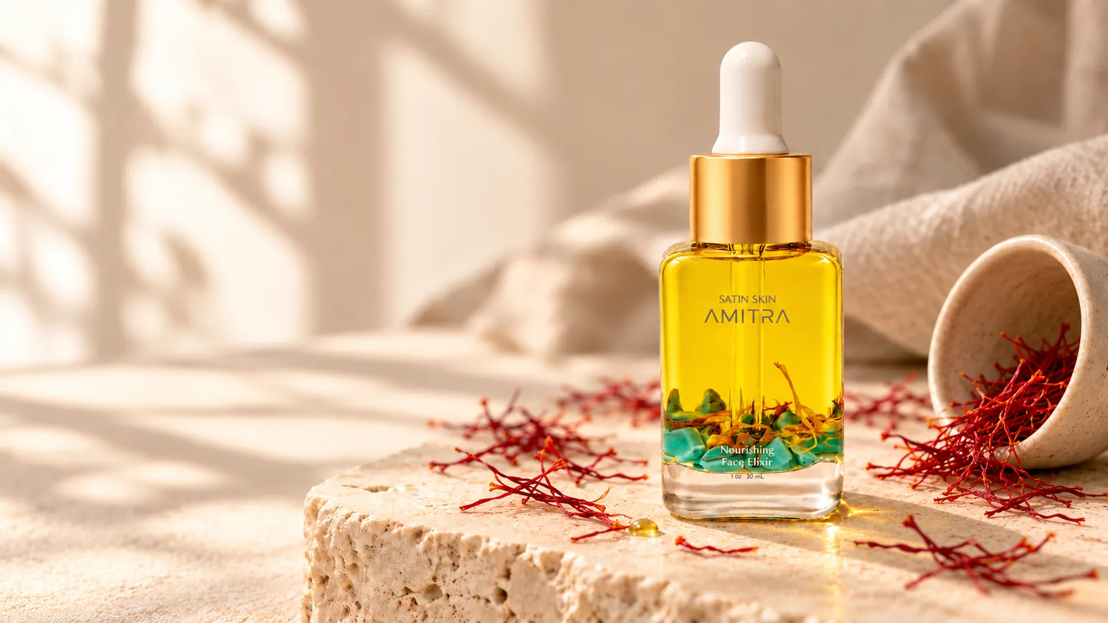 Amitra Satin Skin face oil on a travertine block with scattered saffron threads