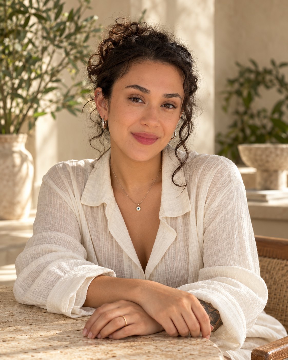 Nicole Gonzales, founder of Amitra, seated at a stone table in soft natural light