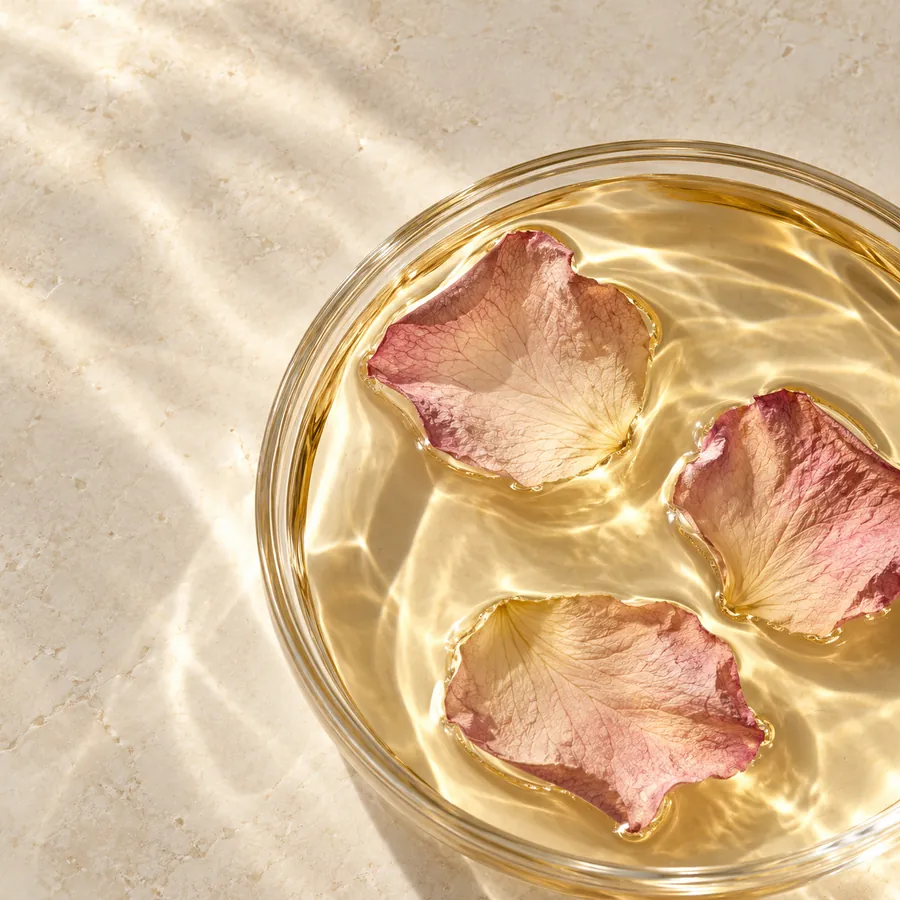 Dried rose petals floating in a glass dish of golden oil